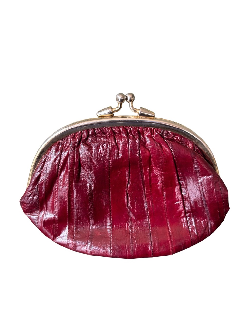 Vintage Burgundy Eel Skin Dual Coin Purse Mid-Century Kiss Lock Wallet 50s 60s